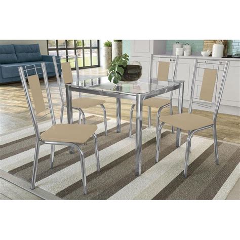 Conjunto Mesa De Cozinha Reno C Tampo Vidro Cm Cadeiras Floren A Cromado Courano Nude
