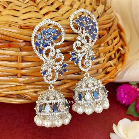 Cubic Zirconia Pearl Jhumka Earrings Dark Blue FashionCrab