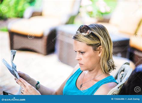 Blonde Woman Outdoors Reading Newspaper Stock Photo Image Of Cute Beautiful