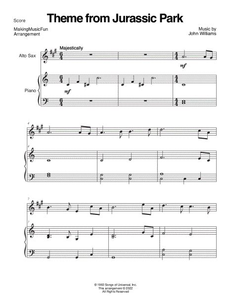 Makingmusicfun Theme From Jurassic Park Alto Saxophone And Piano Sheet Music In C Major