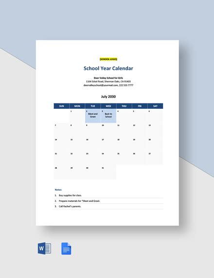 FREE School Calendar Template - Download in Word, Google Docs, Excel ...