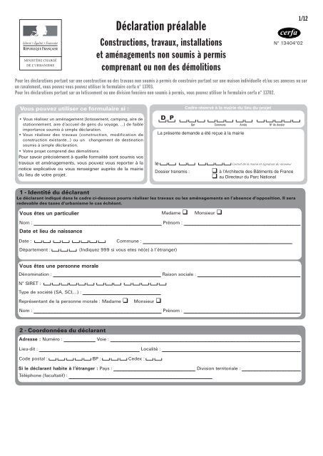 formulaire de dÃclaration prÃalable Cerfa nÂ 13404 02