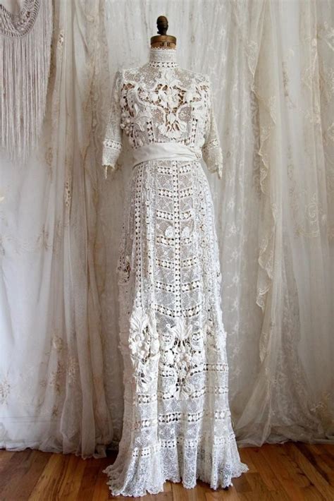 Authentic Antique Wedding Gown Titanic Irish Crochet Ivory Hand