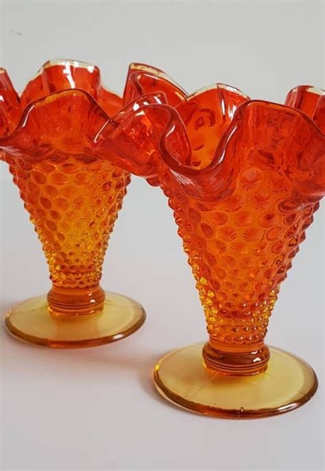 Fenton Amberina Vases Set Of 2 Red Yellow Orange Hobnail Vases Etsy