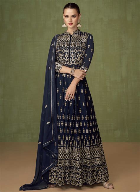 Navy Embroidered Floor Length Anarkali Suit Salwar Kameez Designer