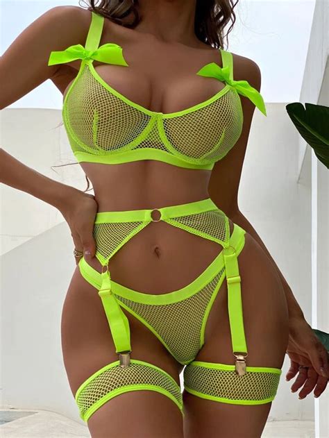 Classic Sexy 5 pièces Ensemble de lingerie vert fluo en tulle à nœud