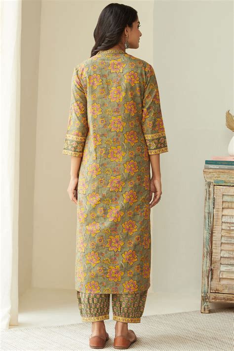 Buy Olive Green Hand Block Printed Straight Cotton Kurta For Women