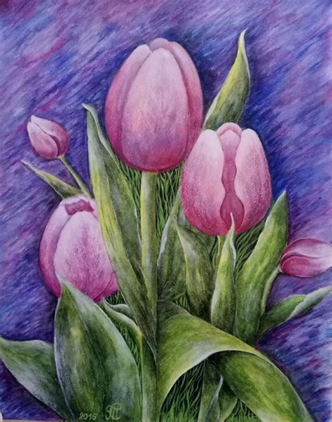 Original Acrylic Painting Tulips On Watercolor