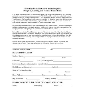 Fillable Online New Hope Christian Church Release Of Liability Form For