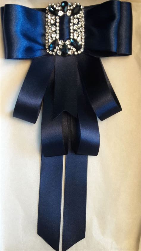 Navy Bow Brooch Tie With Clear And Navy Rhinestones Back To School Ushers Events Weddings Gala