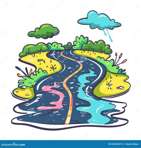 Winding Road Colorful Cartoon Illustration Greenery Clouds Puddles