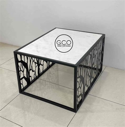 Gco Laser Cutting Center Table In Iron With White Marble Top Black