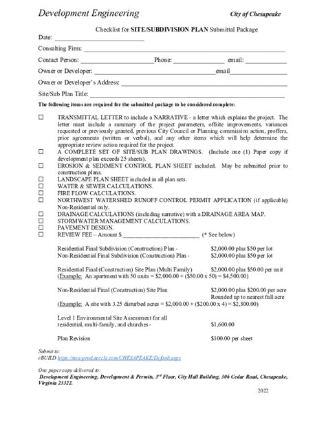 Fillable Online Site Subdivision Plan Submittal Package Checklist Site