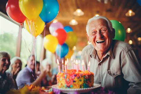 Elderly Man Blowing Out Birthday Candles Surrounded By Joyous Crowd