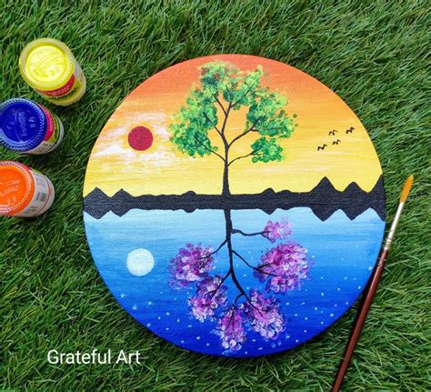 Day And Night Scenery Drawing For Beginners Circular Canvas Painting