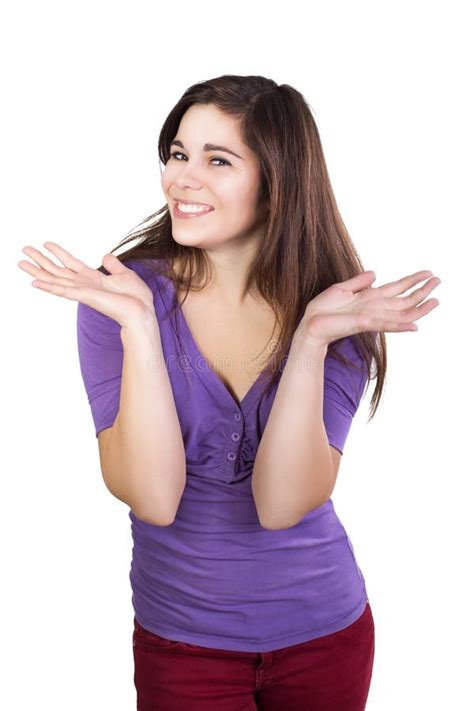 Brunette Woman Spread Her Hands Happily Stock Photo Image Of Pleased Hands