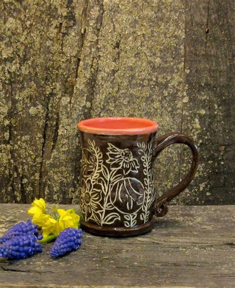 Coffee Mug Cup Hand Carved Pottery Stoneware Ceramic Art Etsy In 2021