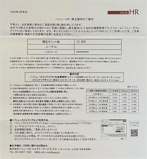 バリューhrより株主優待のご案内到着（2023年12月分） やっぱり株主優待が好き