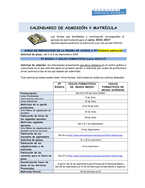 CALENDARIO DE ADMISIÓN Y MATRÍCULA curso 2016 2017