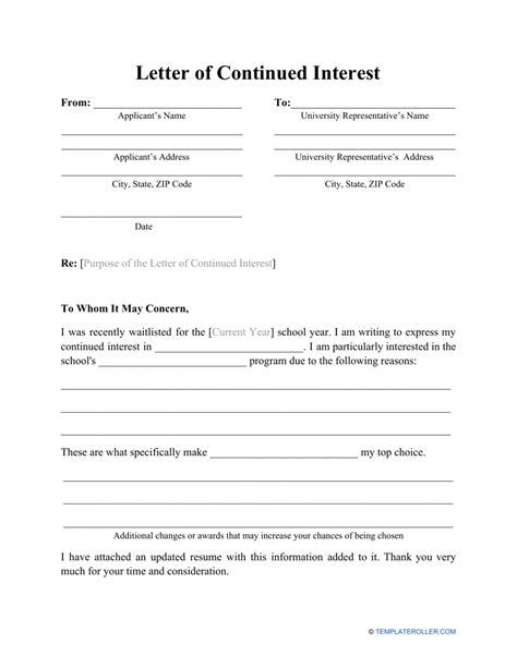 Letter of Continued Interest Template Download Printable PDF | Templateroller