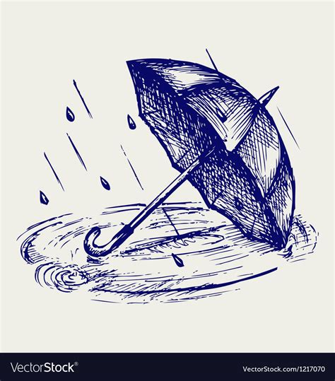 Rain Drops Rippling In Puddle And Umbrella Vector Image