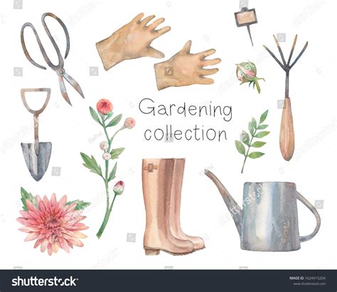 Watercolor Gardening Collection Farm Scissors Gloves ภาพประกอบสต็อก