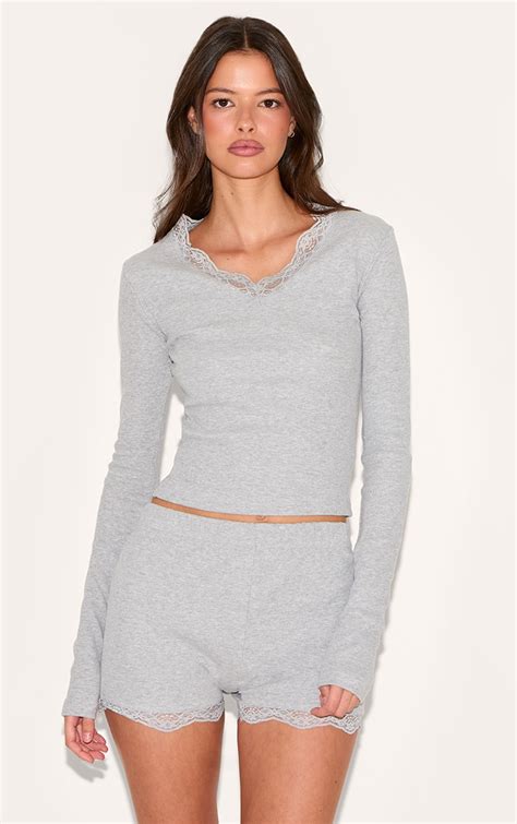 Ensemble De Pyjama Gris À Bordures En Dentelle Lingerie Pyjamas PLT FR