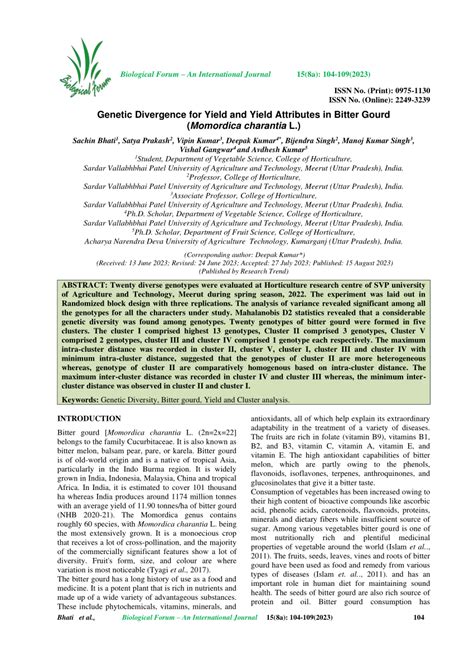 Pdf Genetic Divergence For Yield And Yield Attributes In Bitter Gourd