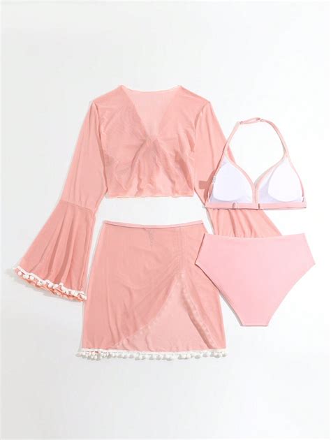 Ensemble De Maillots De Bain Bikini Pour Adolescente Avec Haut Cache maillot À Maille Décorée De