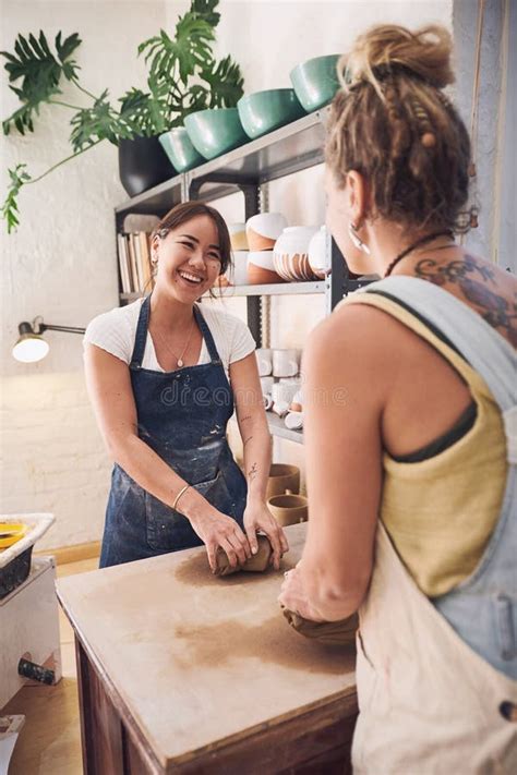 Keep Creating Keep Smiling Two Young Women Kneading Clay In A Pottery