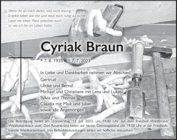 Traueranzeigen Von Cyriak Braun Trauer Rnz De