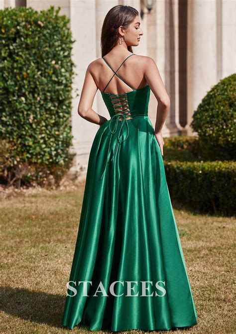 A Line V Neck Sleeveless Floor Length Satin Prom Dress With Pleated