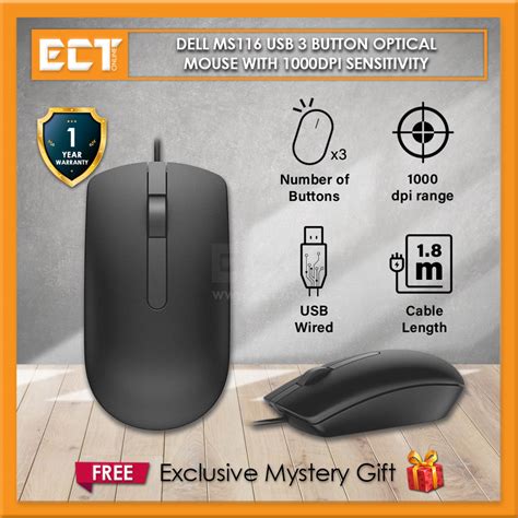 Dell Ms116 Usb 3 Button Optical Mouse With 1000dpi Sensitivity Black White