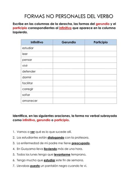 Formas No Personales Del Verbo Exercise Verbos Verbal Nombres