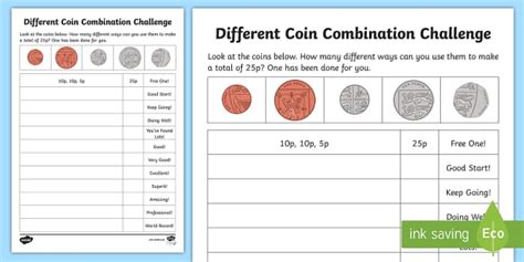 Different Coin Combination Challenge Worksheet Worksheet