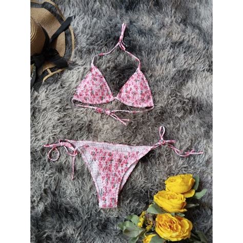 Floral Smocked Sakura Bikini Large On Tag Carry Din Sa Medium Since Self Tie Sha Shopee