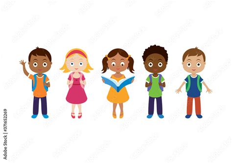 Back to school diverse children icon set vector. Happy kids of ...