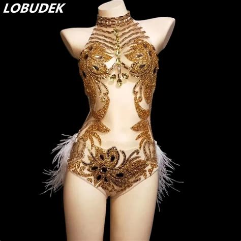 Sexy Backless Gold Rhinestones Feathers Bodysuit Sleeveless See Through Halter Catsuits