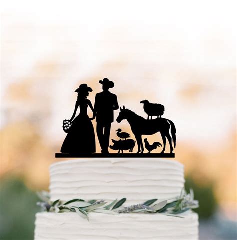 Farmer Cowboy Wedding Cake Topper With Horse Chicken Pig Sheep Rustic