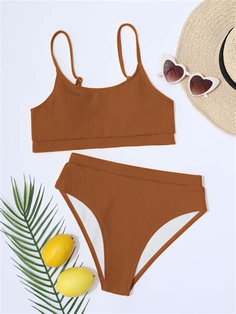 Ribbed Bikini Set Wireless Bra Top And High Waist Bikini Bottom 2 Pieces