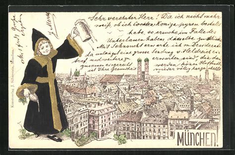 Lithographie M Nchen M Nchner Kindl Mit Krug Und Radi Blick Zur Stadt