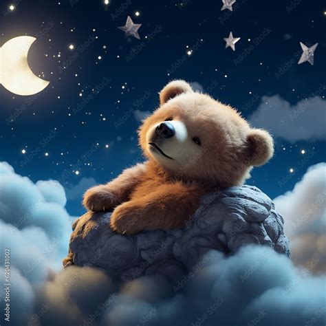 baby bear sleeping on cloud with moon view generative ai Stock ...