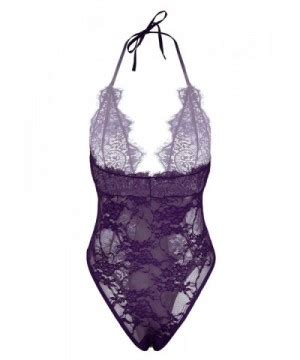 Women S Lace One Piece Lingerie Bodysuit Deep V Halter Teddy Purple CM DG LL