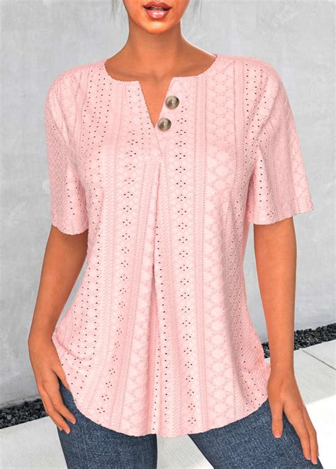 Rotita Button Light Pink Split Neck Short Sleeve Blouse