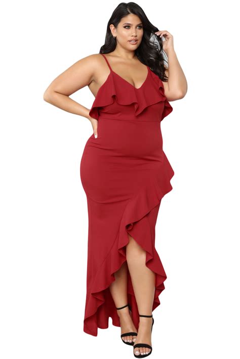 Hot Red Plus Size Ruffle Trim Spaghetti Straps Maxi Dress