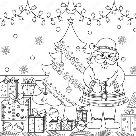 Coloring Book Of Santa Claus With Christmas Tree And Gift For Adult And