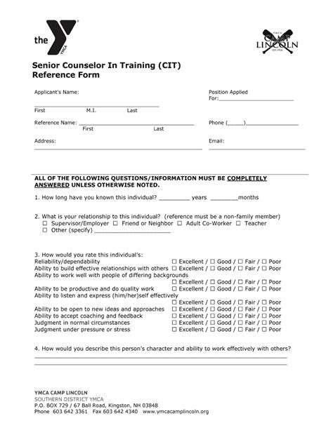 Fillable Online Sdymca Senior Counselor In Training Cit Reference Form