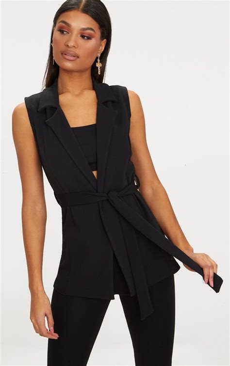 Black Sleeveless Belted Blazer Belted Blazer Sleeveless Blazer Coats For Women