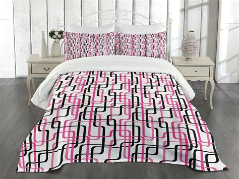 Ambesonne Geometric Quilted Bedspread Set Pcs Wavy Lines Funky Queen Size Hot Pink White