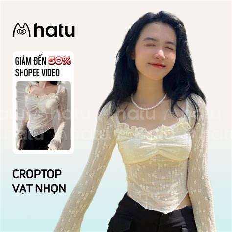 Áo croptop vạt nhọn tay dài loe áo thun lưới ren hoa nữ tính hot trend Ullzang Hàn Trung